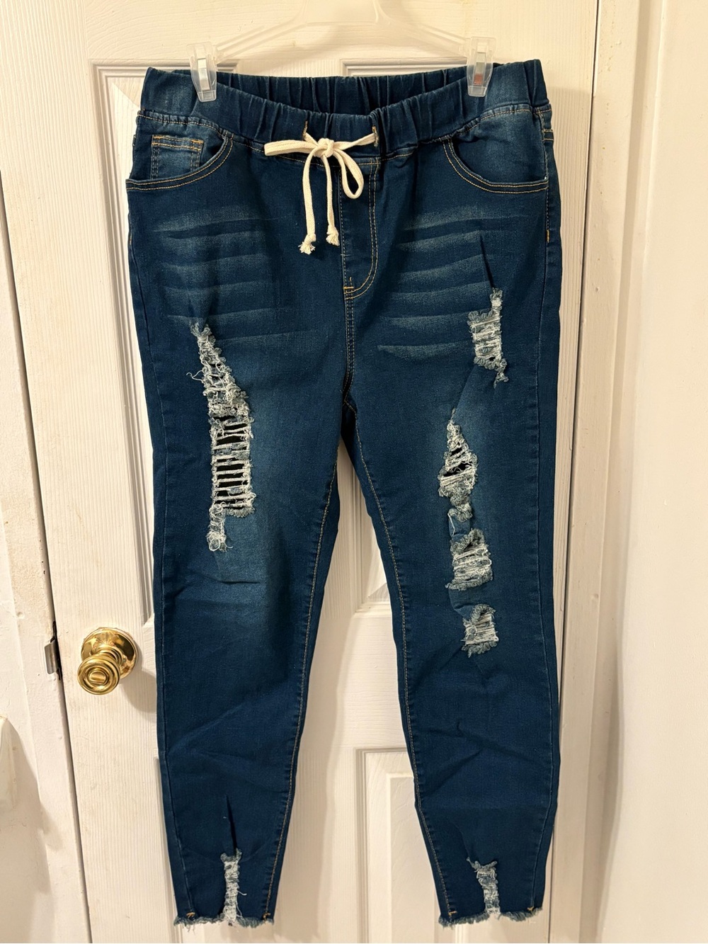 SHEIN Navy Blue Distressed Drawstring Skinny Jeans